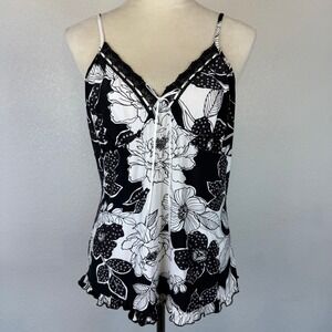 Studio Donatella Black White‎ Floral Lace Trim Cami Top Camisole Ruffle Hem Bow
